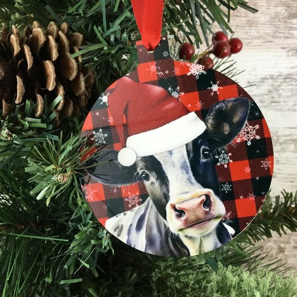 Black and White Santa Cow Christmas Ornament Double Sided - Picture 1 of 7